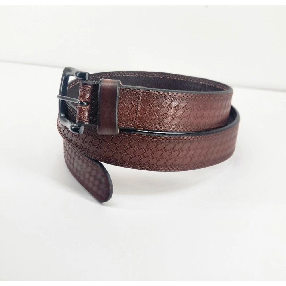 Berne Mens Basketweave Embossed Leather Work Belt Brown Size 32 7540500 NWT - Picture 2 of 7